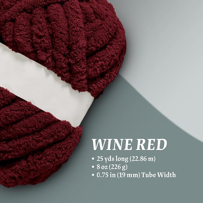 Super Soft Chunky Chenille Yarn – 8 Skeins × 8 oz (25 Yards Each) Jumbo Bulky Yarn for Crochet & Hand Knitting Blankets, Sweaters, Cushions, DIY Projects (Wine Red)