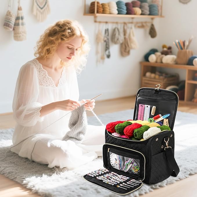Knitting Bag- Crochet Bags for on The go,Yarn Storage Organizer, Perfect for Knitting and Crochet Accessories（black）