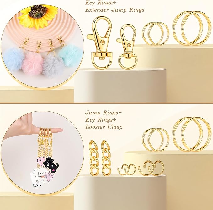 BESARME 1130PCS Keychain Making Kit Jump Rings for Jewelry DIY Key Chain Supplies with Keyrings Bulk, Metal Lobster Claw Clasp, Swivel Snap Hook, Extender Chain for Crafts Accessories（Gold）