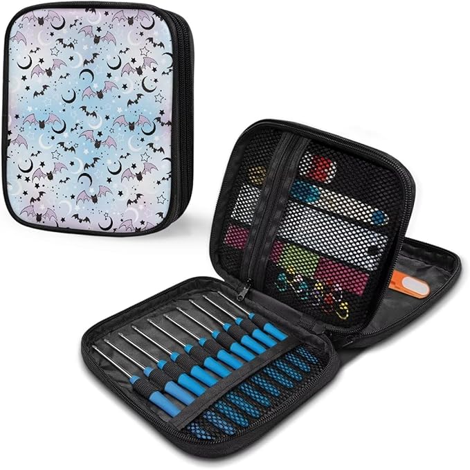Hechitok Halloween Bats Moon Crochet Hooks Case Zipper Bags Portable Crochet Storage Bag with Web Pocket and Crochet Holder Slots for Carrying Various Crochets Needles