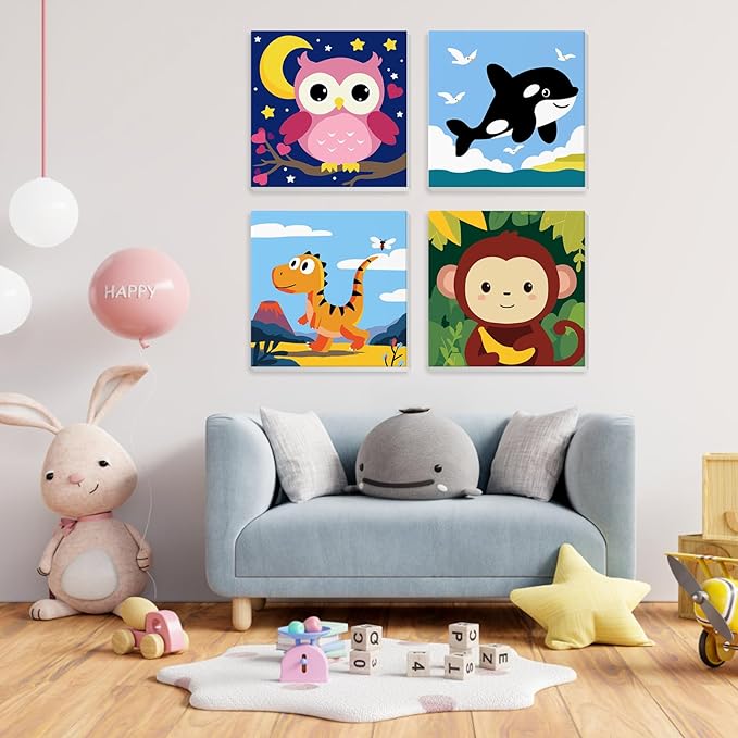 4 Pack Paint by Number for Kids with Wooden Frame, Cartoon Owl, Whale Paint by Numbers for Kids Ages 8-12, Baby Dinosaur, Monkey, DIY Acrylic Oil Painting for Beginners for Home Wall Decor 8X8 inch