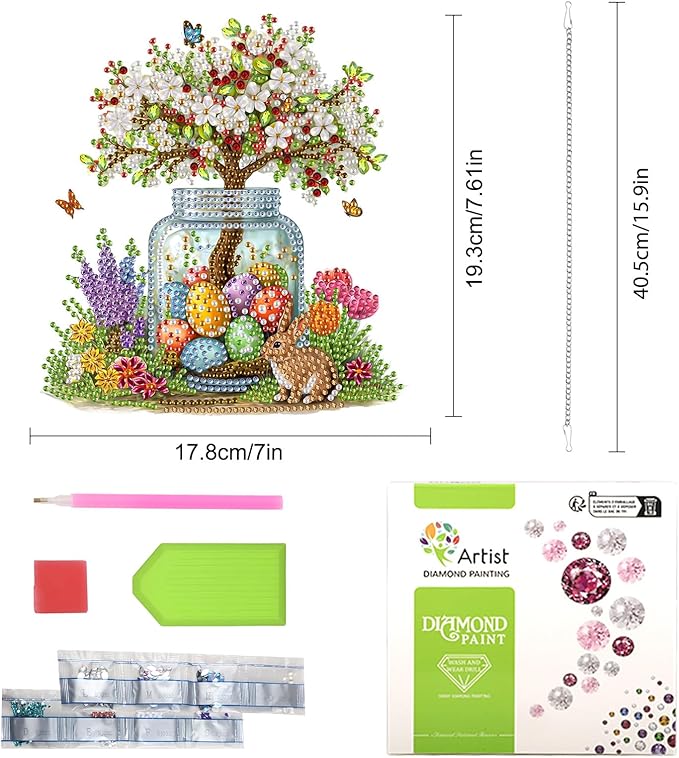 Lxmsja DIY Blossom Tree Jar Diamond Painting Hanging Ornament, Double-Sided Acrylic Bunny Flowers Diamond Art Kit, Special Shaped Suncatcher Hanging Pendant Window Art Kit