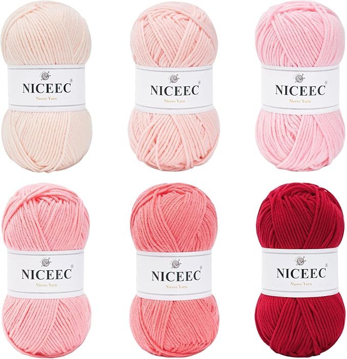 NICEEC 300g Soft Assorted Colors Yarn - Sport Weight,100% Acrylic, 4 Ply, Bonbons Yarn for Crochet & Knit, DIY Project Starter Kit for Kids or Adults(Total 870yds) - Pink Series