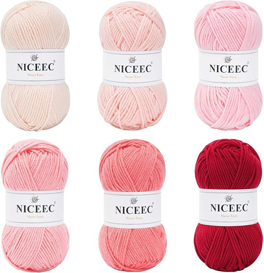 NICEEC 300g Soft Assorted Colors Yarn - Sport Weight,100% Acrylic, 4 Ply, Bonbons Yarn for Crochet & Knit, DIY Project Starter Kit for Kids or Adults(Total 870yds) - Pink Series