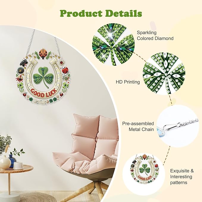 HEIBAGO Good Luck Diamond Art Hanging Kits for Adults, Diamond Art Suncatchers, 5D Special Shape Diamond Painting Pendant, DIY Window Ornament Gifts for Home Wall Decor 8.3 x 8.3 Inch