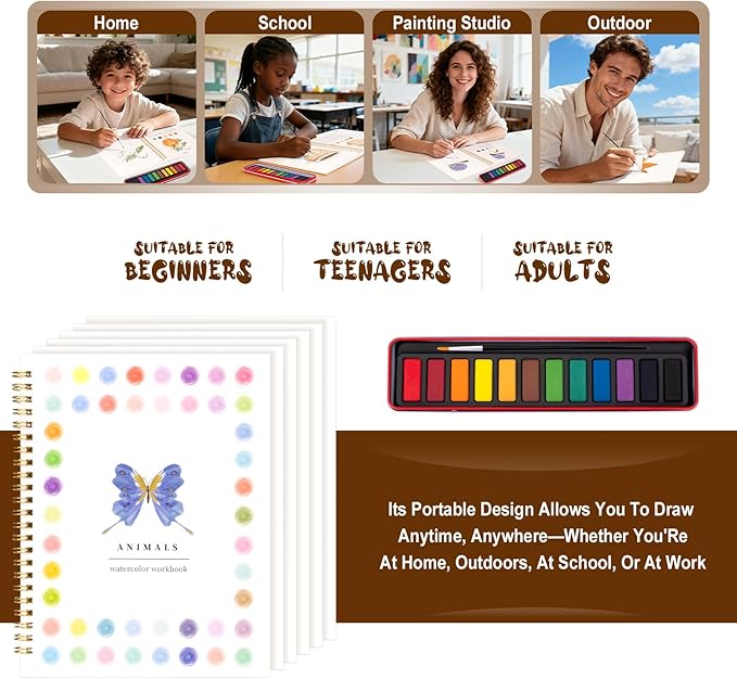 Watercolor Workbook for Adults, Beginner Friendly Watercolor Painting Kit Animals Water Coloring Book, Nature-Themed Practice Art Gift Water Color Paint Book with Palette and Brush