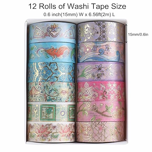 12 Rolls Floral Washi Tape Set, Gold Foil Flower Decorative Washi Masking Tape, Botanical Washi Tape for Scrapbooking, Journal, Planner, DIY Crafts, Gift Wrapping
