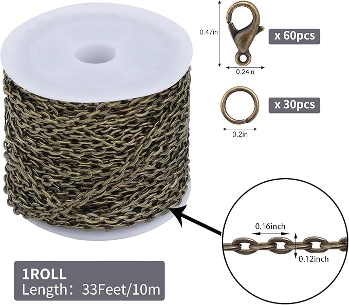 Lemonkey 33 Feet Metal Bronze Necklace Chains Cable O-Shaped Links Chains Bulk for Jewelry Making DIY Craft Kit with Lobster Clasps Jump Rings