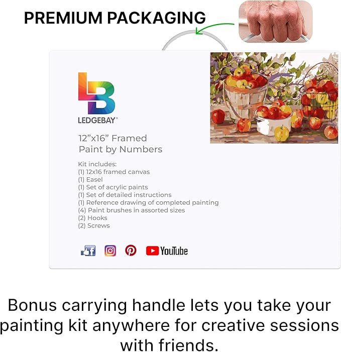 Ledgebay DIY Paint by Numbers Kit for Adults Framed Canvas Beginner to Advanced Paint by Numbers Kit, Kits Include Acrylic Paint Set, Brushes & Tabletop Easel (Apple Harvest 12" x 16" Framed)