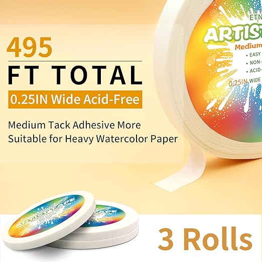 White Art Tape Medium Tack Artist Masking Tape Paper Acid Free Tape Watercolor Painters Tape Artists Tape for Drafting Art Watercolor Painting Canvas Framing, 0.25 inch Wide 495FT Long