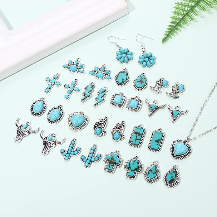 NVENF 32PCS Western Charms for Jewelry Making, Synthetic Turquoise Vintage Cactus Heart Flower Lightning Cowboy Boot Pendant for Bracelet Necklace Earring DIY Crafts