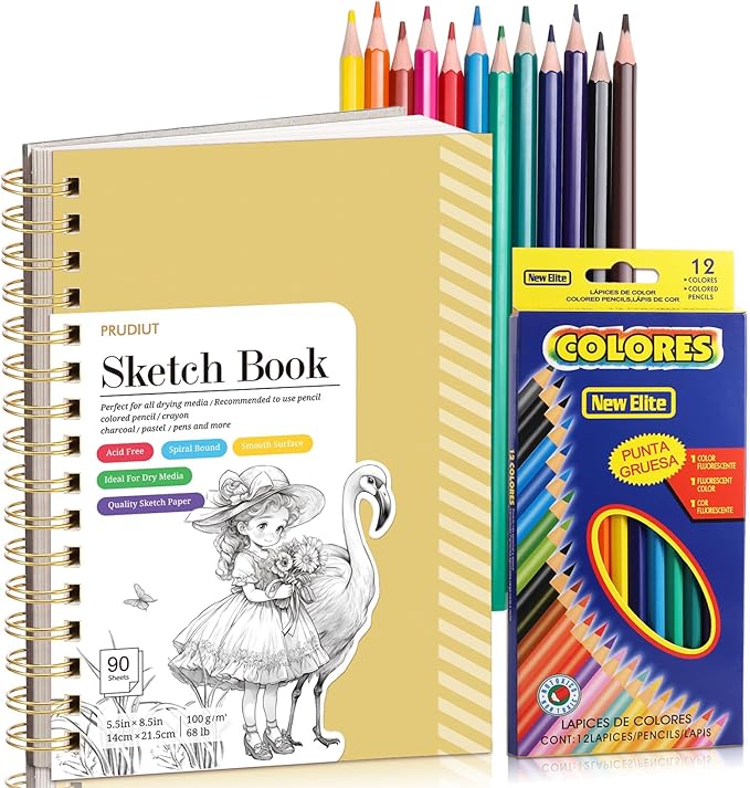 Sketch Book with 12 Color Pencil Set, 90 Sheets Spiral Sketchbook for Drawing (68lb/100gsm), Acid-Free Sketch Pad for Artist, Art Paper Drawing Supplies for Gifts(Yellow)