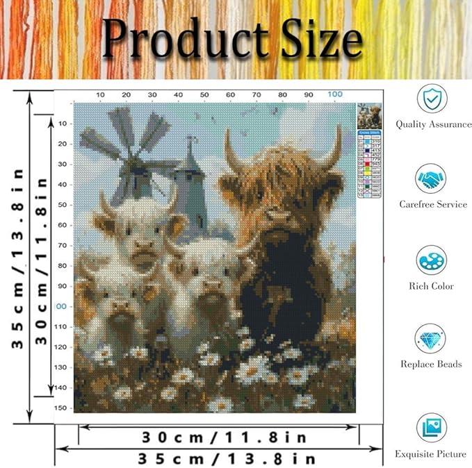 Highland Cattle Cross Stitch Kits for Adults - Embroidery Kits for Beginners Adults,11 CT Patterns Dimensions Counted Cross Stitch Kits for Adults Arts Craft 13.8x13.8 inch