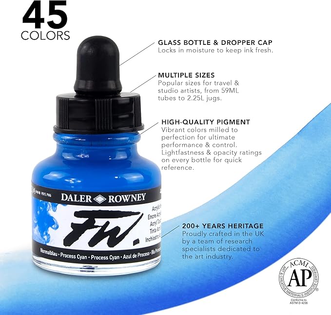 Daler-Rowney FW Acrylic Ink Bottle 6-Color Primary Set with Empty Marker - Acrylic Set of Drawing Inks for Artists and Students - Art Ink Calligraphy Set - Permanent Calligraphy Ink