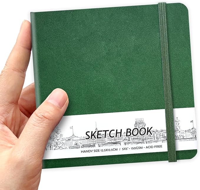 5" x 5" Hardcover Sketch Book,Small Mixed Media Sketch Pad,58 Sheets 150GSM Acid-Free Artist Drawing Paper,Travel Journal Blank Notebook for Adults Painting,Illustration,Art Supplies.Blackish Green