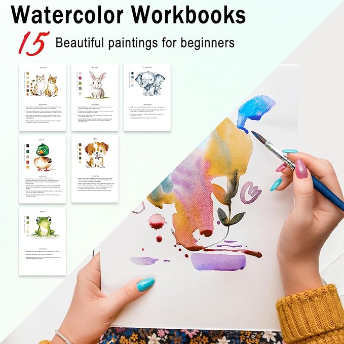 Watercolor Workbooks Animals, 15 Beautiful Paintings for Water Color Book Adult, Watercolor Coloring Book for Beginners, Watercolor Workbook for Adults Teens (Without Palette, Animals)