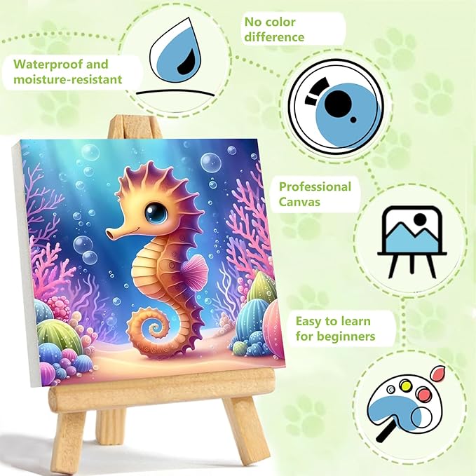 Reivworl Paint by Numbers Kit for Kids with Frame and Easel, Seahorse Paint by Number for Kids Age 6-8-12, Paint by Numbers Kits for Gifts and Home Decor - 8X8Inch