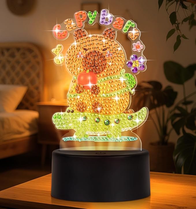 Diamond Painting Night Light, Diamond Painting Kits For Adults Desktop Ornaments For Table Tabletop Decor Diamond Art Accessories For Adult Beginner Touch Lamp for Bedrooms Living Room- Capybara