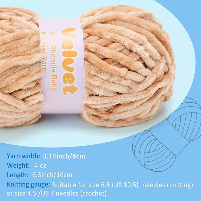Velvet Yarn Chenille Yarn for Crocheting and Knitting Soft Chenille Bulky Baby Blanket Yarn DIY Weaving Craft 8pack Camel(4oz 66yds Each)