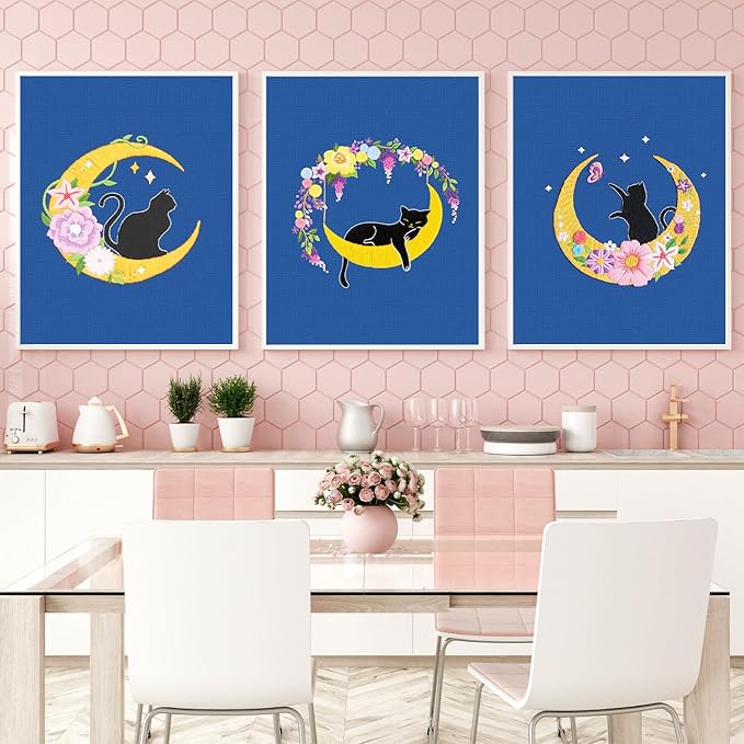 Louise Maelys 3 Sets Cat Moon Embroidery Kits for Beginners with Floral Pattern, Cross Stitch Kit for Adults, DIY Needlepoint for Starter