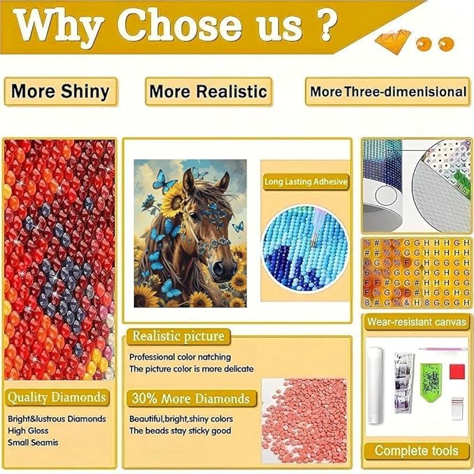 askkqtx Horse Diamond Art Kits for Adults, Butterfly Sunflowers Diamond Painting Kits for Beginnners, DIY 5D Full Drill Crystal Rhinestone Gem Art Craft Kits for Home Wall Decor 12X16 Inch