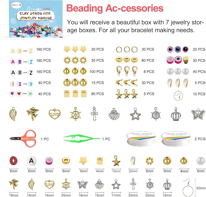 Redtwo 23000 Pcs Clay Beads Bracelet Making Kit, 144 Colors 7 Boxes Flat Polymer Heishi Beads Set for Friendship Jewelry Making with Pendant Charms Crafts Gifts for Girls Ages 6-12 Kids Adults