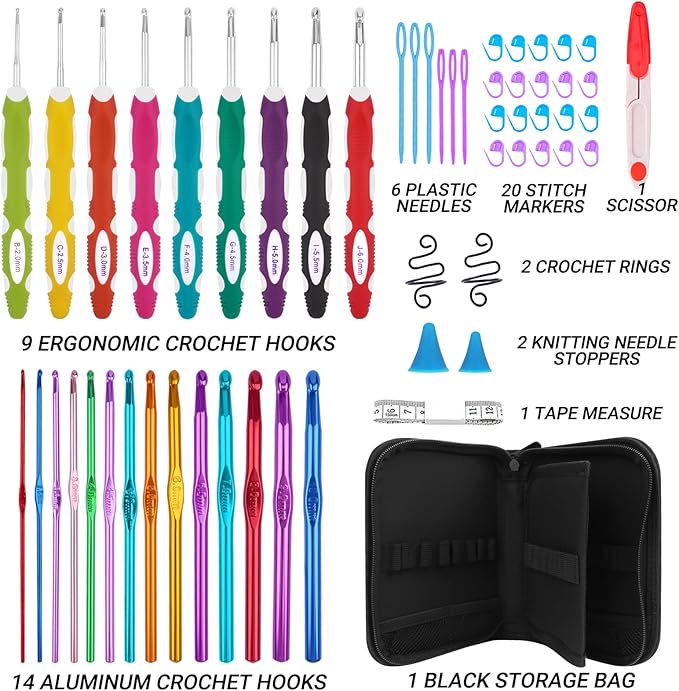 Hobekoee 23 Sizes Crochet Hooks Set with Case,2mm-10mm Ergonomic Crochet Needles for Arthritic Hands,Complete Crochet Kit for Beginners and Experiencer