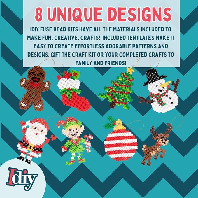 10,000-Piece Holiday Fuse Bead Kit for DIY Xmas Ornaments - 8 Unique Christmas Designs w Peg Boards, Tweezers, Ironing Papers - Great for Homemade Ornaments, Holiday Classroom Parties Family Activity