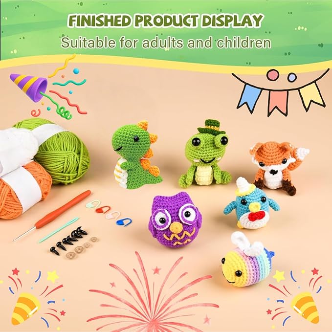 JackCao 6 Pack Crochet Kit for Beginners, 2026 DIY Craft for Adults, Crochet Animal Plush Kit with Step-by-Step Video Guides Tutorials Birthday Gift for Beginner Crochet Lovers ﻿ (Green)