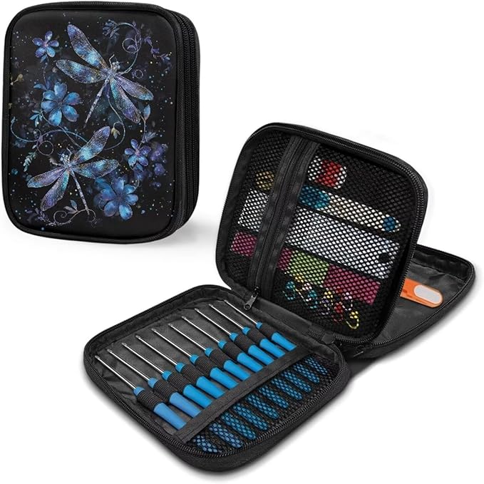 Hechitok Dragonfly Flower Empty Crochet Hook Case Portable Travel Crochet Storage Bag Organizer Zipper Bags with Web Pocket and Crochet Holder Slots for Crochet Knitting Accessories