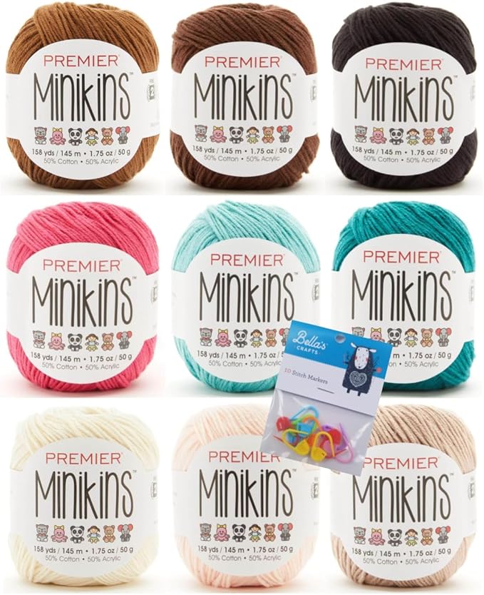Premier Minikins Yarn 9-Pack Bundle with Bella's Crafts Stitch Markers (Mermaids)