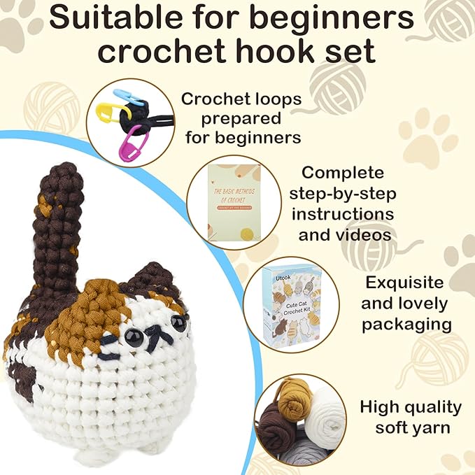 Utook Crochet Kit for Beginners, 4-Pack Crochet Animal Kit,Crochet Kits for Beginners Adults, with Instructional Videos and Paper tutorials, Handmade Crafts, Holiday Gifts (Cat Family)