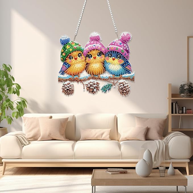 Miwixy Christmas Hanging Diamond Art Kits for Adults,Cute Birds Winter Special Shaped Crystal Christmas Diamond Painting Ornament Kit DIY Double-Sided Pattern Window Pendant Gem Art Home Wall Decor