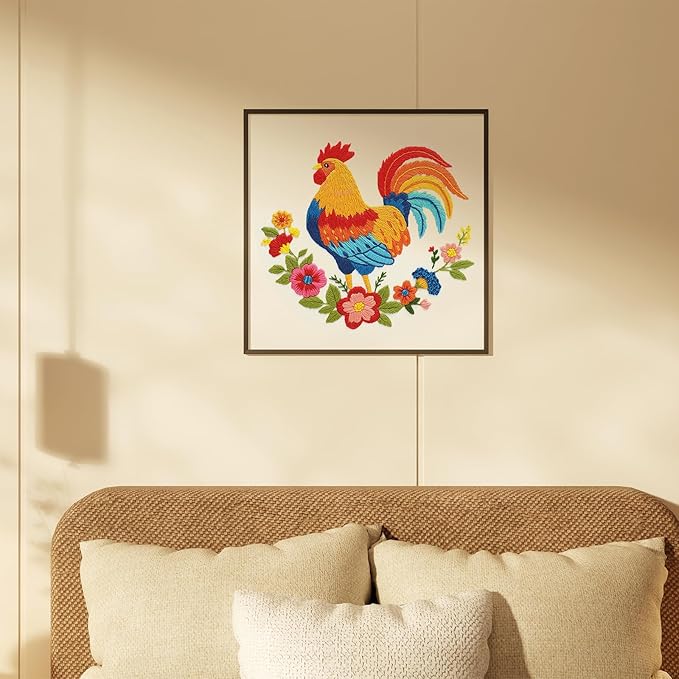 Nuberlic Animal Embroidery Kits for Beginners, Cross Stitch Kits with Rooster and Flower Pattern - Complete Starter Set with Hoop, Pre-Printed Fabric, Threads & Needles