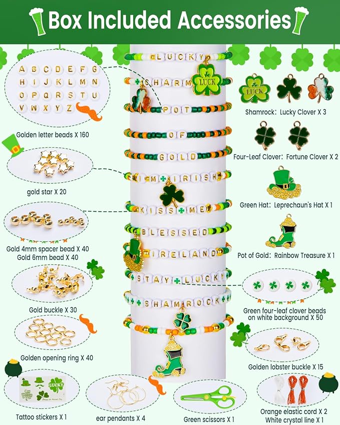 Goldwise St. Patrick's Day Bracelet Making Kits, Green Craft Jewelry Craft Kit, St. Patrick's Day Beads, Charms, Letter Beads, DIY Party Parade