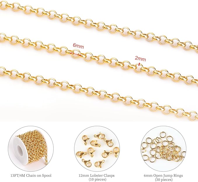 KYUNHOO 13 Feet/4M Gold Plated Chain for Jewelry Making 6mm Round Circle Chain Link on Spool Stainless Steel Chain Roll for Handcraft Making Supply Jewelry Findings