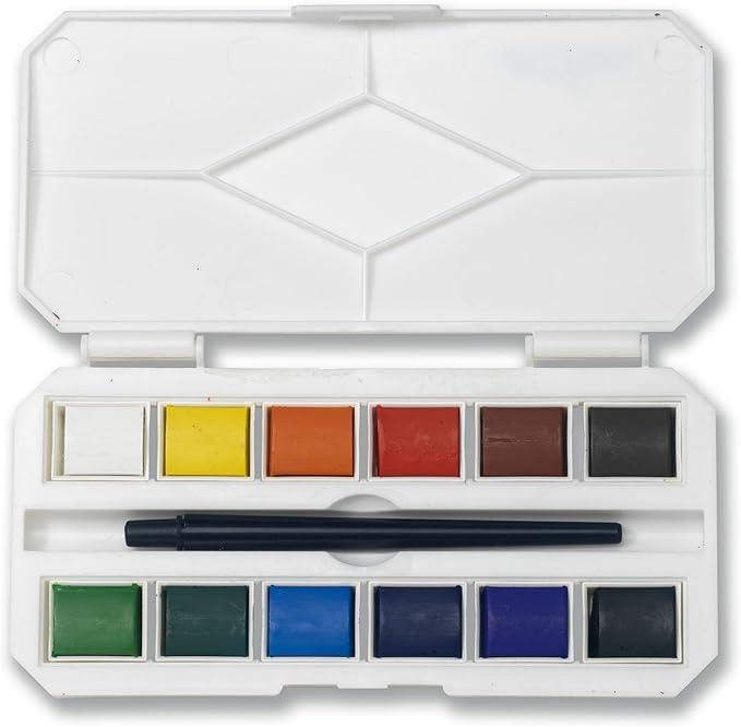12 Assorted Water Colors Travel Pocket Set- Quality Paint Brush-Easy to Blend Colors-Half Pan Watercolors- Perfect for Painting on The Go JQ-112