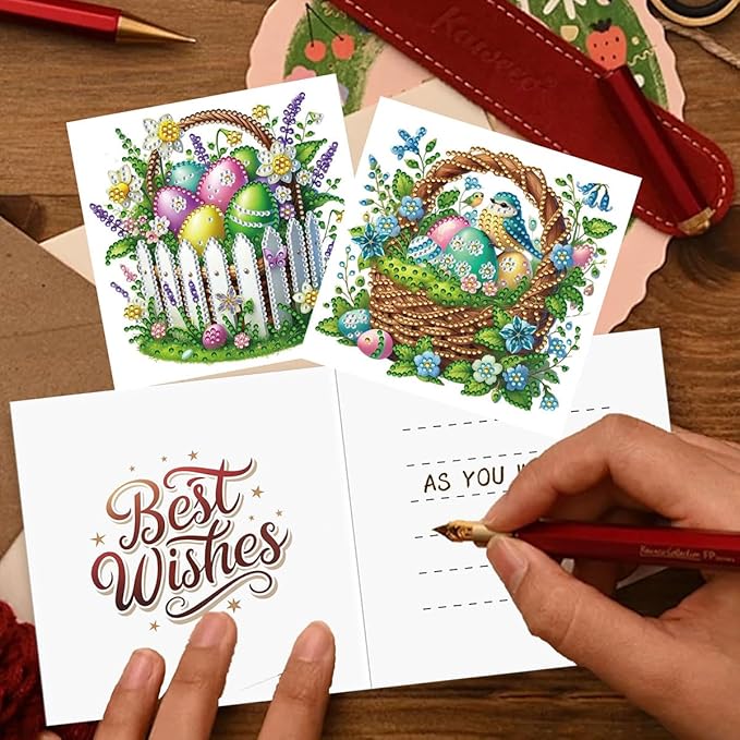 12 Pack 5D DIY Diamond Painting Greeting Cards Kit, Diamond Art Easter Cards with Envelope, Easter Crafts for Adults (Easter Eggs)