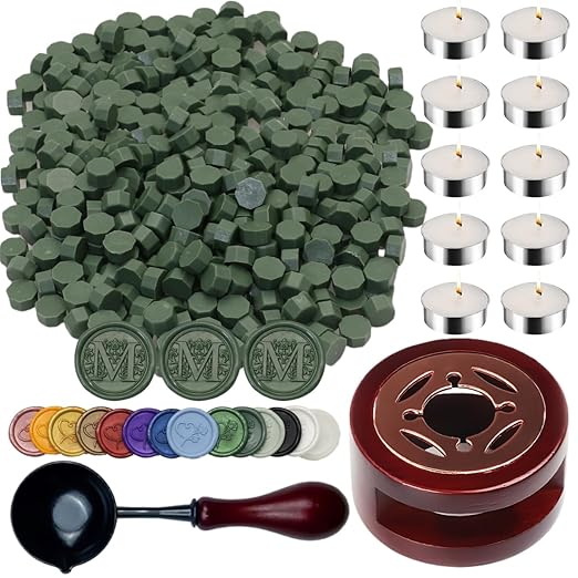 Wax Seal Warmer, ONWINPOR 400pcs Olive Green Sealing Wax Beads Set with Warmer, Non-Slip Spoon, Candles for Envelopes, Stamp Letter Seal, Wedding Invitations (Olive Green)