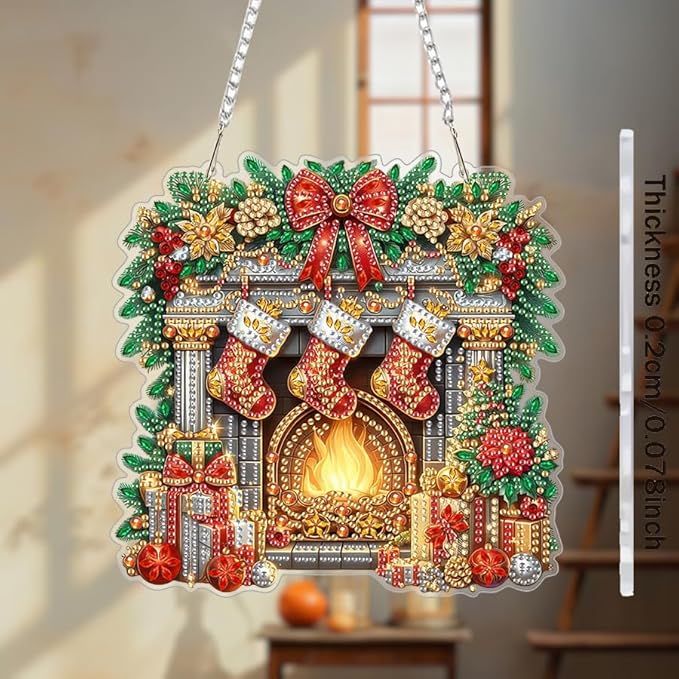 EIBEILI Diamond Art Painting Kits Special Shaped Rhinestone 5D Diamond Art Window Pendants Home Garden Wall Hanging Kits Hanging Ornament，Double Sided（Christmas Fireplace ）
