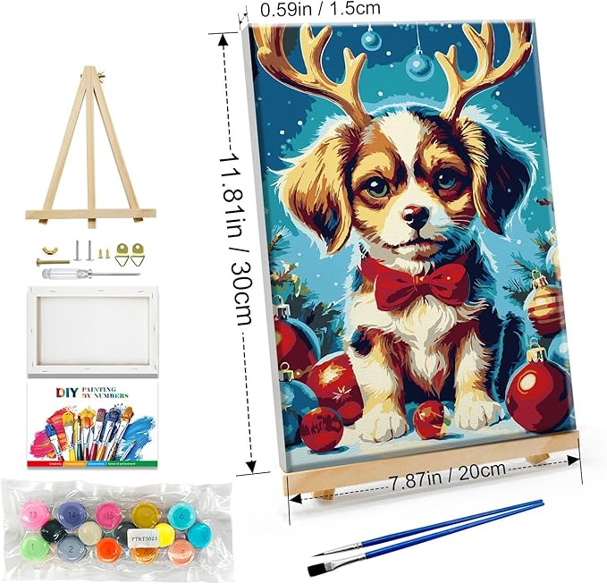 JOOZ Christmas Paint by Numbers Kit for Adults Framed Dog Paint by Number with Easel Christmas Ball Adult Paint by Number Kits Framed Canvas DIY Oil Painting Kits for Home Wall Decor 8x12 Inch