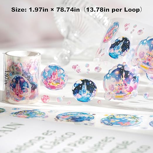 4 Rolls Bubble World PET Sticker Tape Set, Pre-Cut Bubble Scene Designs - Each Roll 1.97in x 78.74in for Scrapbook Journal Planner, DIY Crafts, Cards, Gift Wrap