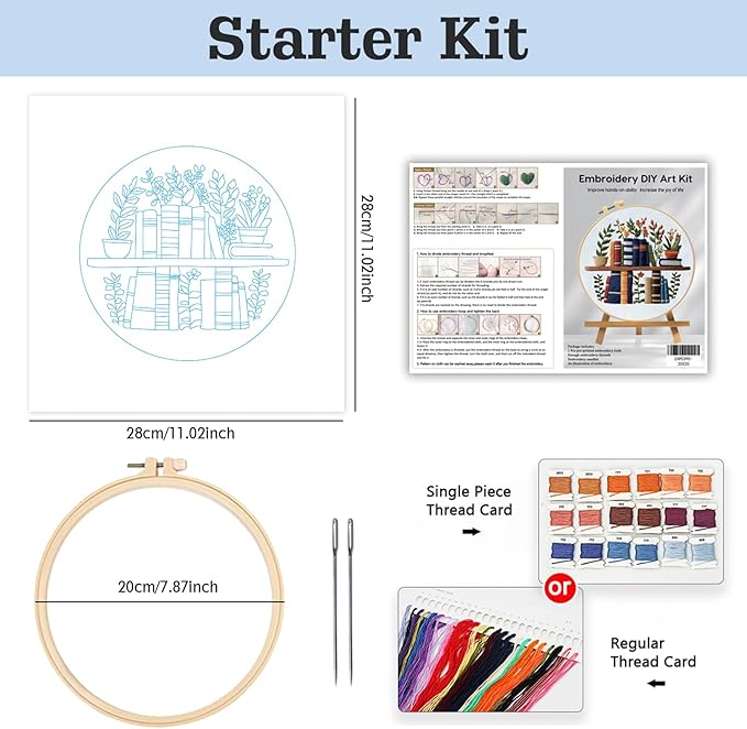 JOZYSH Beginners Stamped Books and Flowers Pattern Embroidery Kit Cross Stitch Kit Embroidery Starter Kit with Instructions, Embroidery Hoops for Home Ofiice Decor