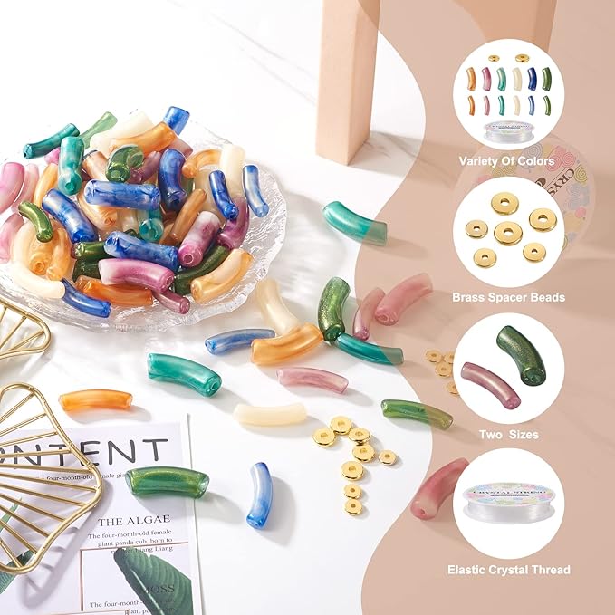 Sparkeads 120PCS Bamboo Tube Bracelet Making Kit for Women Friendship Bracelet Gift Stacking Bangles Chunky Curved Acrylic Beads Metal Spacers Elastic Thread Bracelet Beads