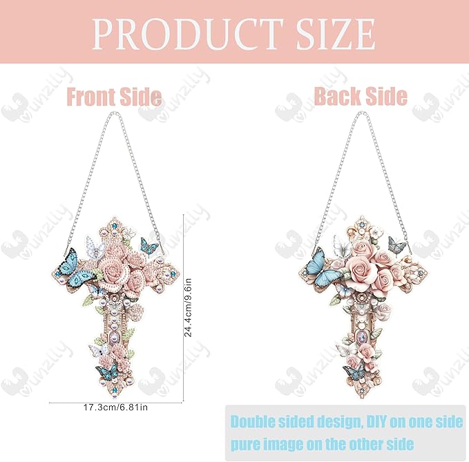 Yunzlly DIY Hanging Diamond Art Pendant Kit, Special Crystal Double Sided Diamonds Painting Ornament Kit for Adults, Acrylic Gem Painting Board for Window&Door&Wall (Cross)