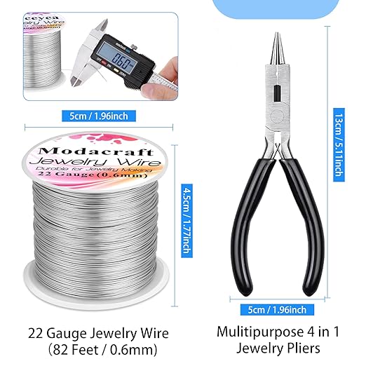 Modacraft 22 Gauge Silver Wire for Jewelry Making with Jewelry Pliers, Craft Wire Beading Wire Tarnish Resistant Copper Wire