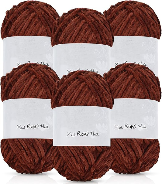 Amylove 6 Rolls Soft Velvet Chenille Yarn for Crocheting 1182 Yards Polyester Blanket Fuzzy Thick Yarn for DIY Knitting Bulky Weaving Crafts, 197 yd, 3.53 oz Each Roll(Coffee)