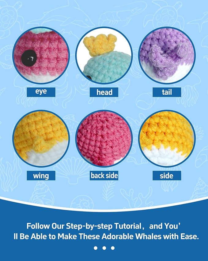 Fortilo Crochet Kit for Beginners 4PCS Colored Whale Crochet Animals with Step-by-Step Video Tutorials 30% Extra Yarn, Perfect for Gifts, Emotional Support, Ideal Knitting Kit for Adults, Kids
