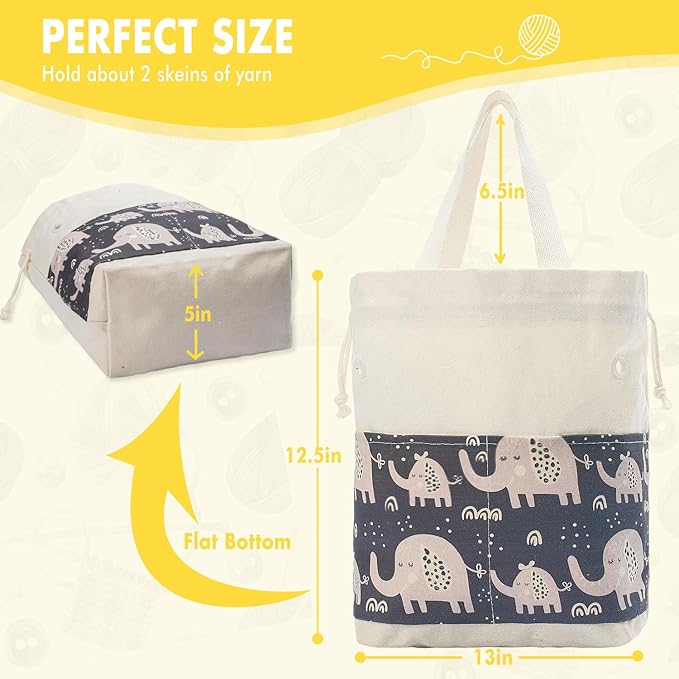 Crochet Bag, Handy Knitting Project Yarn Bag, Crochet Accessories Yarn Storage Organizer, Knitting Bags and Totes for Crocheting on The Go, 12x13x5'' (Gray Elephant, Small)
