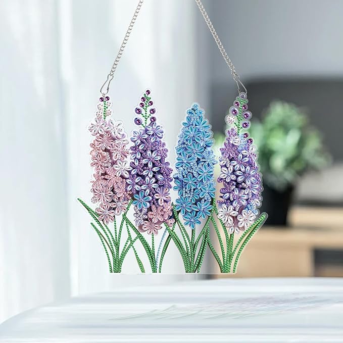 AiYuanzsh Diamond Painting Suncatcher Hanging Kit, Special Shaped Lavender Flowers DIY Diamond Art Pendant for Adults, Window & Wall Decor, 5D Crystal Diamond Art Kit